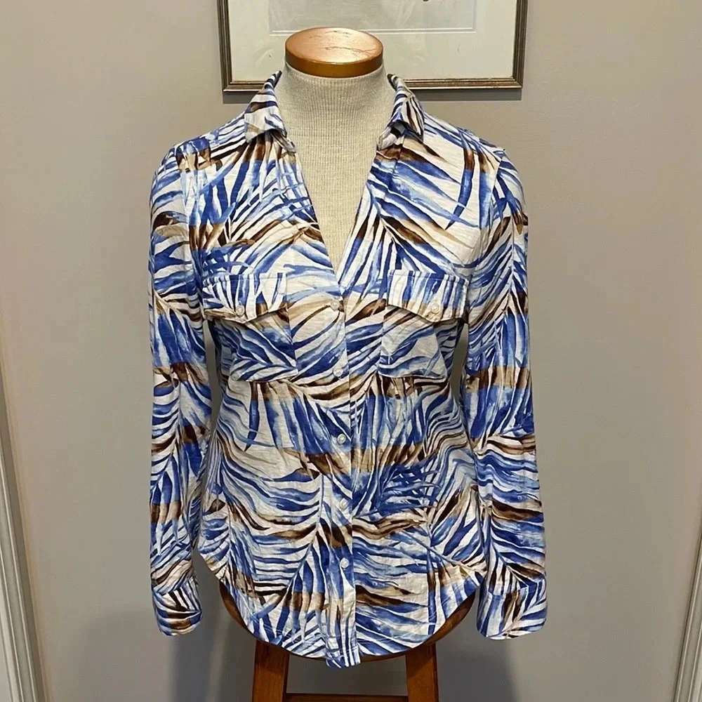 Tommy Bahama - Tropical Floral Button Down Blouse - Size SP - Blue/Brown/White